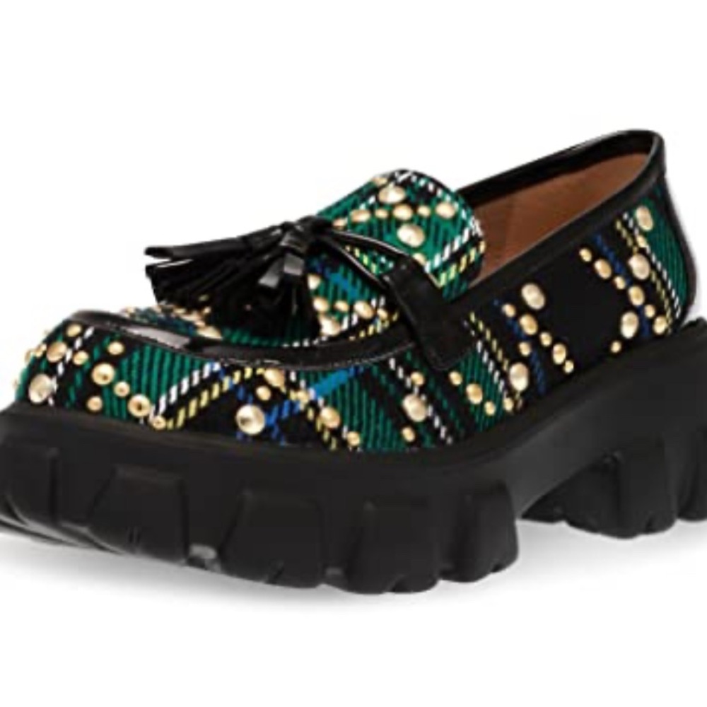 Betsey Johnson Women’s Aleah Green Plaid Slip On Loafers With Studs & Tassels